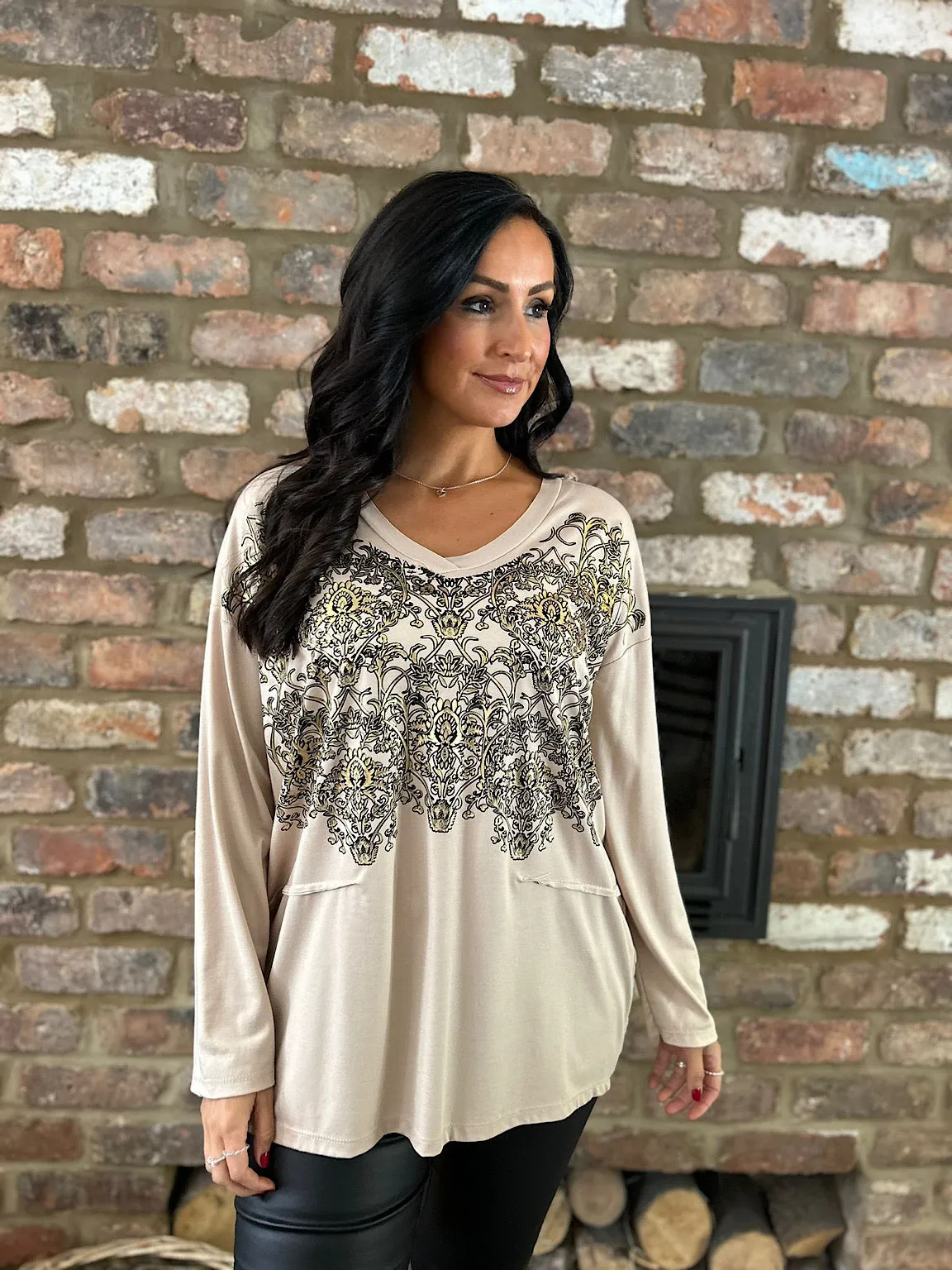 Biscuit Elegant Gold Print Top Niamh