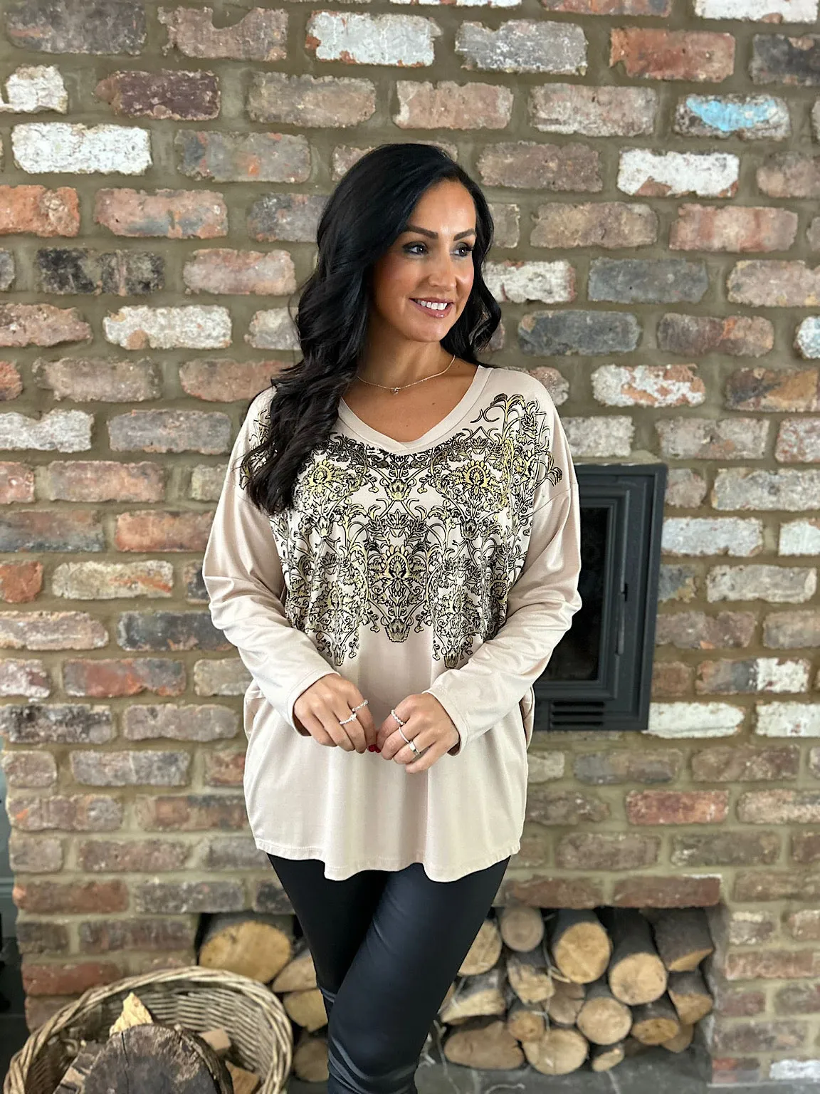 Biscuit Elegant Gold Print Top Niamh