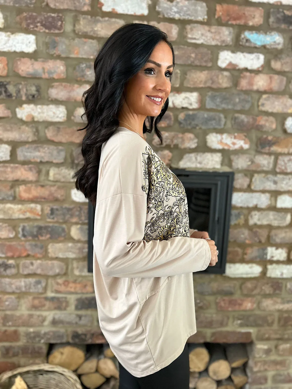 Biscuit Elegant Gold Print Top Niamh