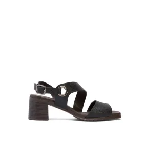 Black Leather Heeled Sandals with Asymmetrical Strap