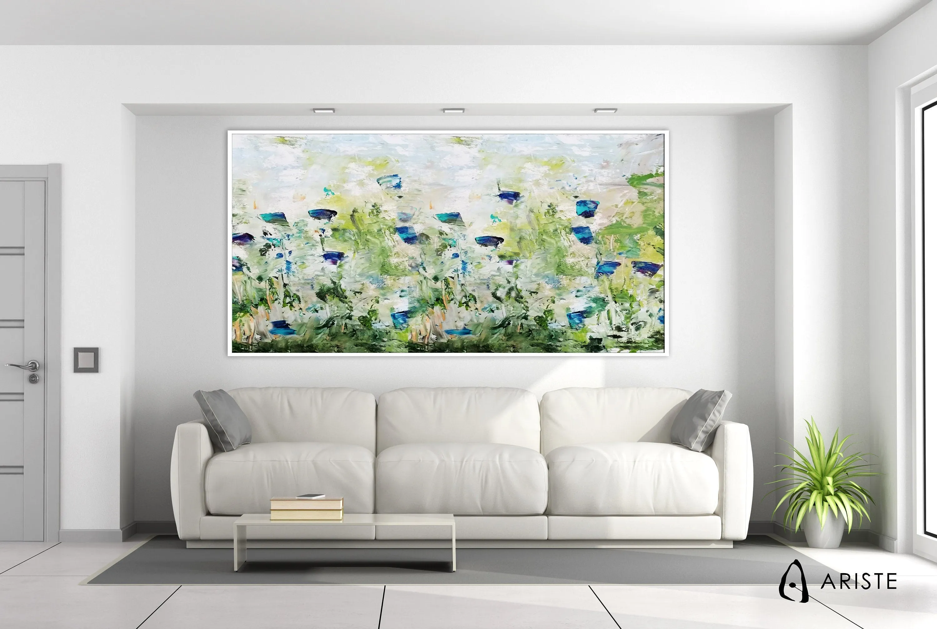 Blue & green large abstract flower paintings made to order in a custom size