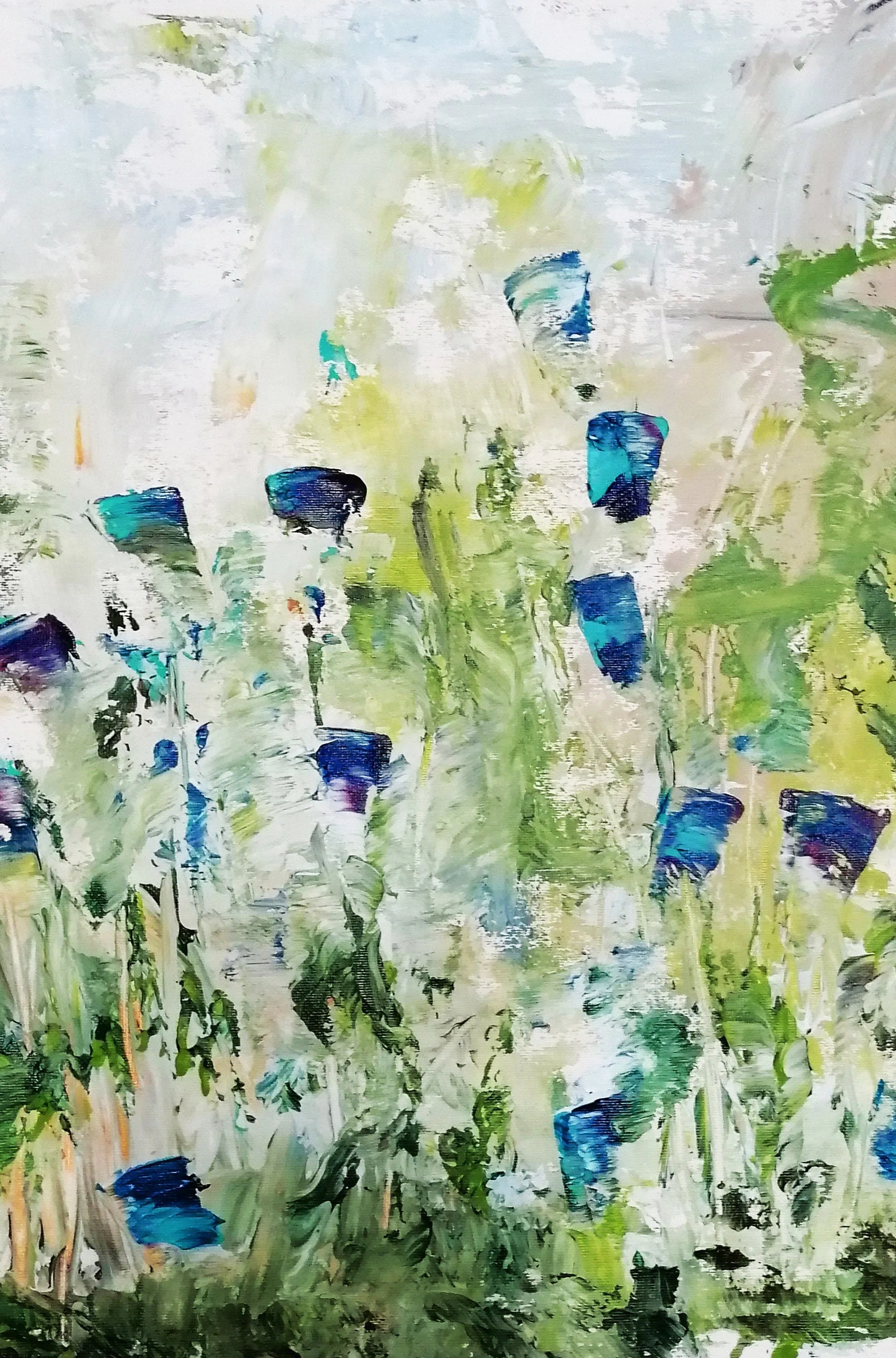 Blue & green large abstract flower paintings made to order in a custom size