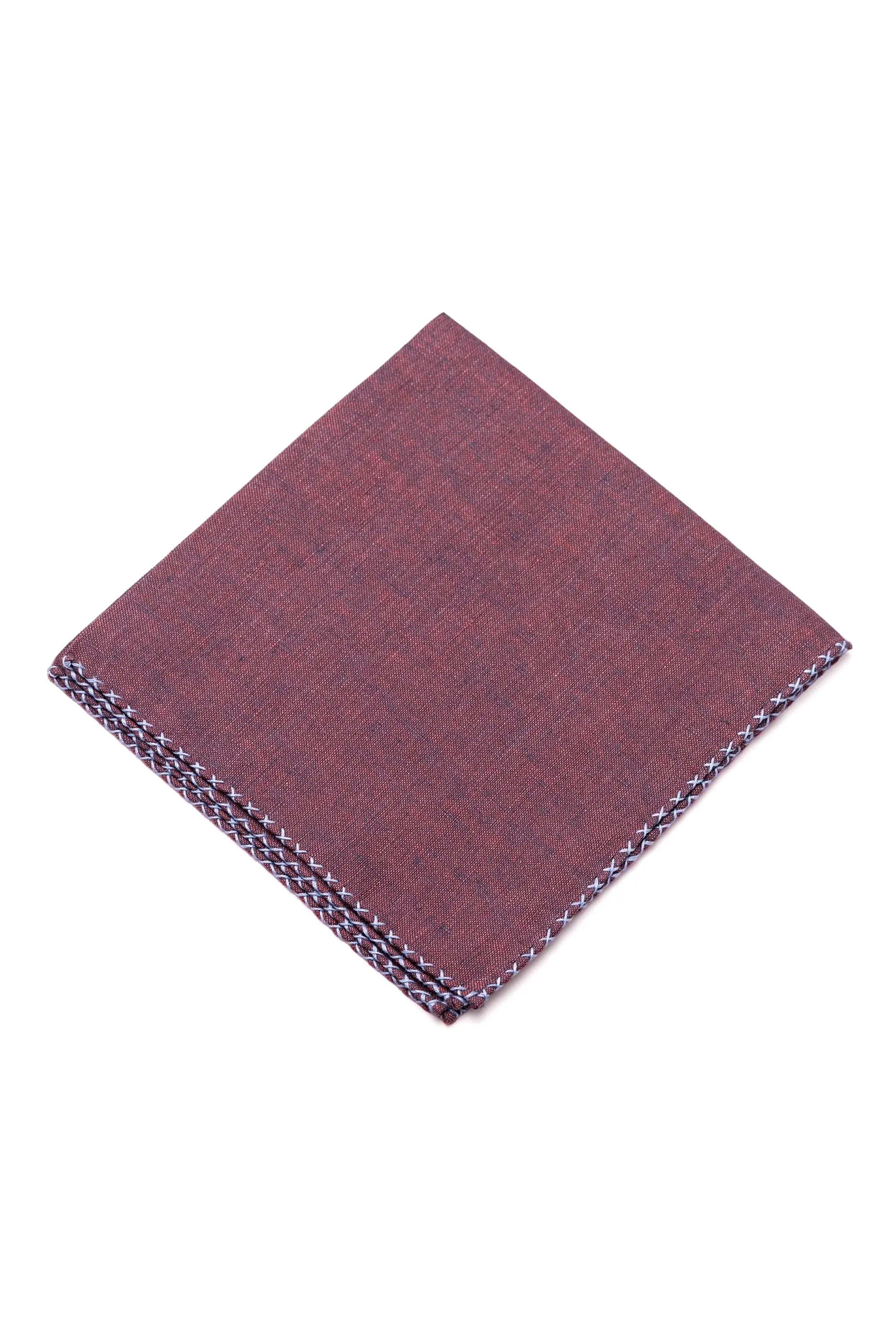 Blue X-Stitch Edge Dark Burgundy Linen Pocket Square