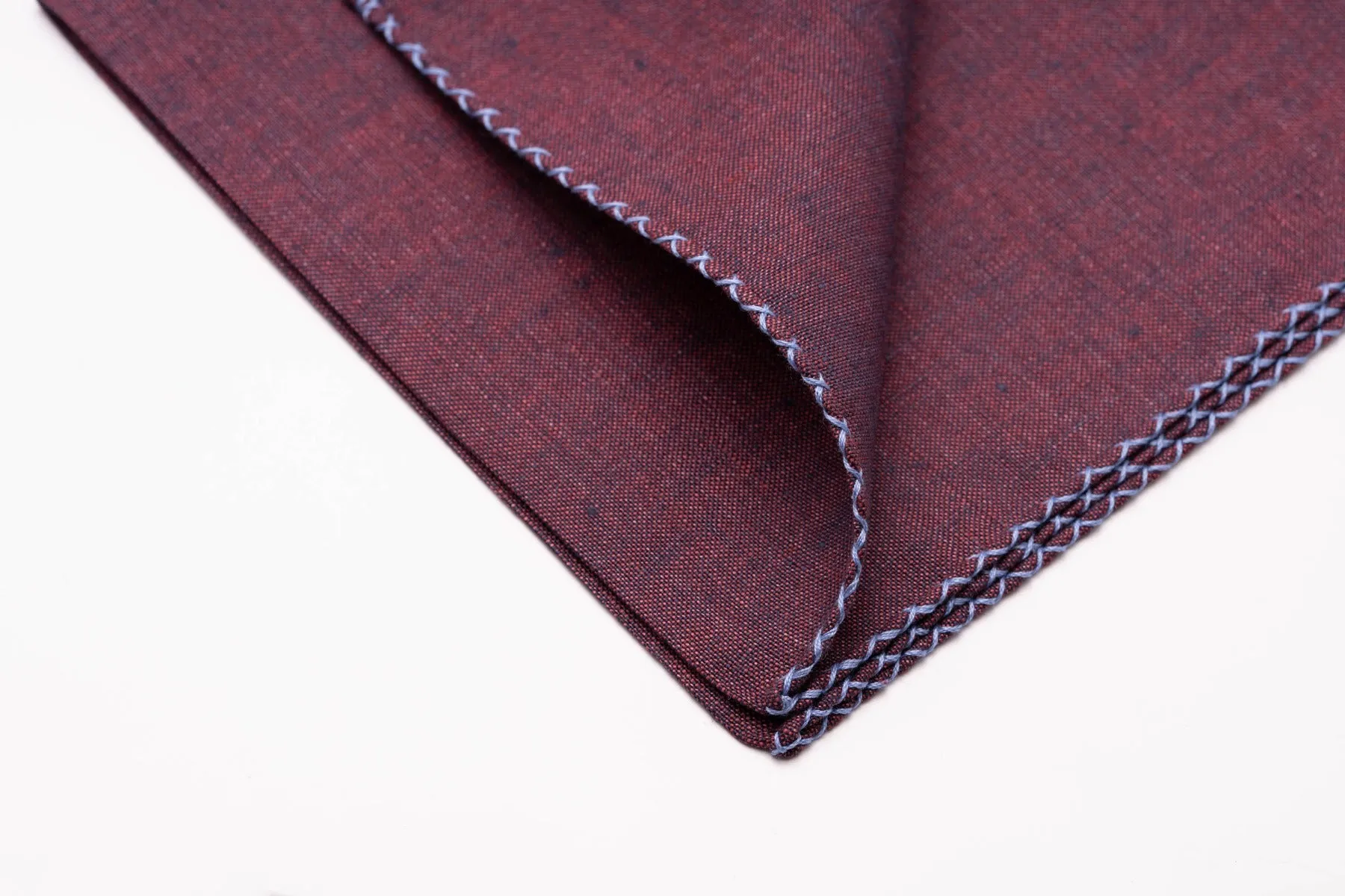 Blue X-Stitch Edge Dark Burgundy Linen Pocket Square