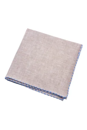 Blue X-Stitch Edge Light Brown Linen Pocket Square