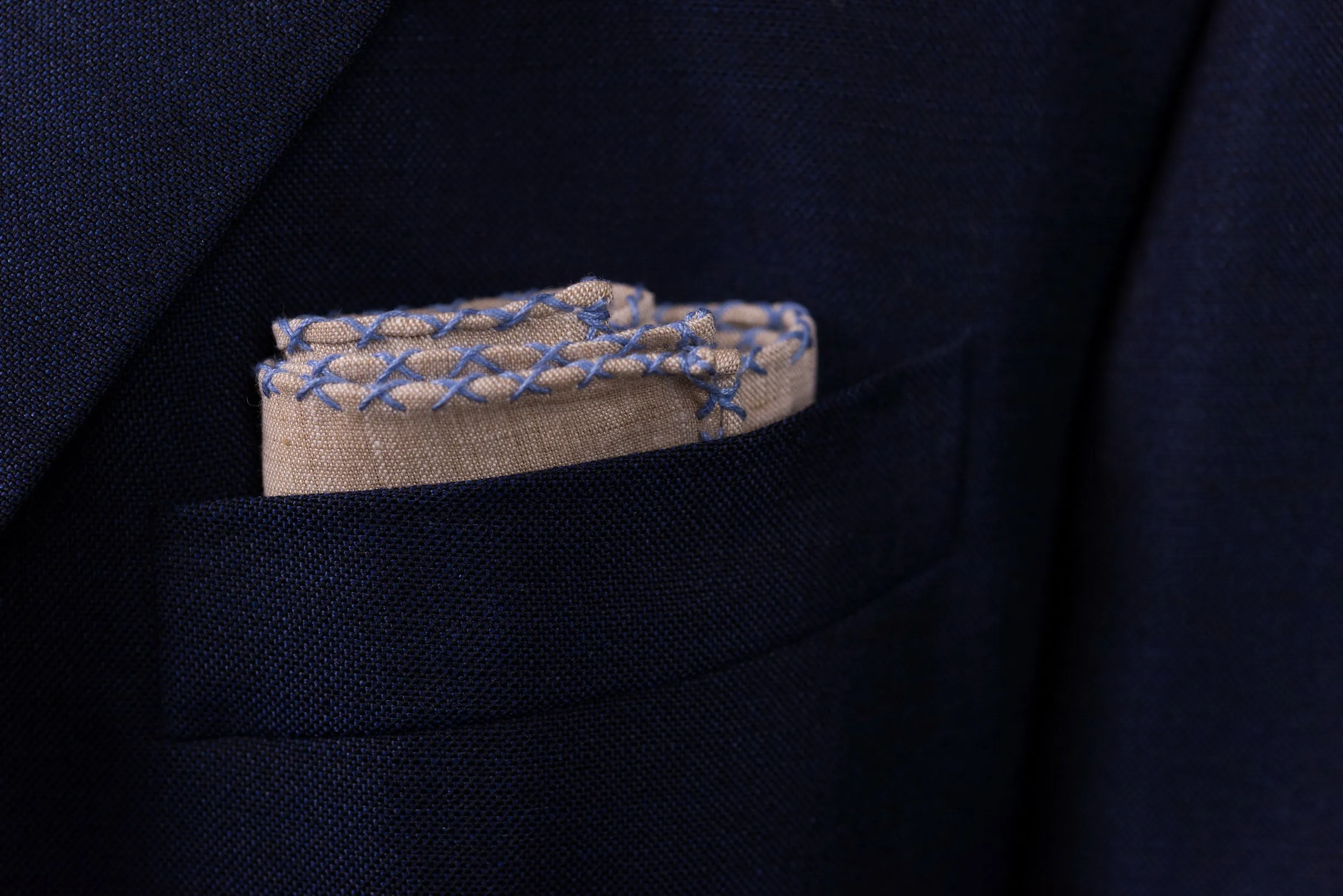 Blue X-Stitch Edge Light Brown Linen Pocket Square