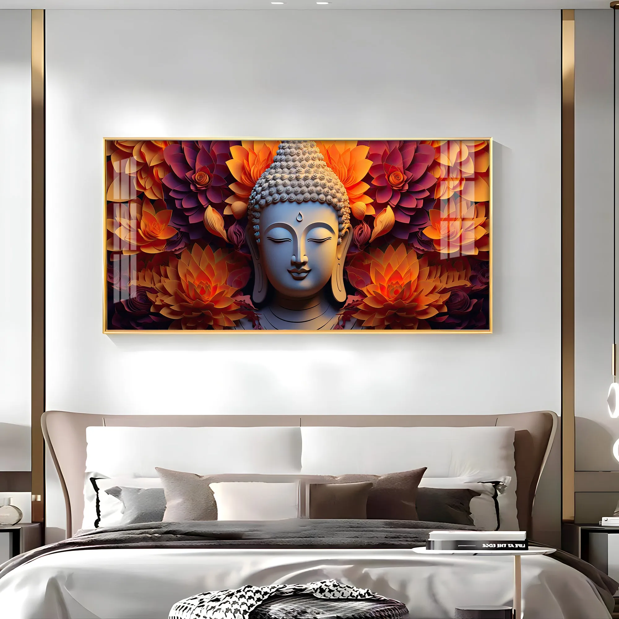 Buddha With Blooming Flower Premium Acrylic Horizontal Wall Art