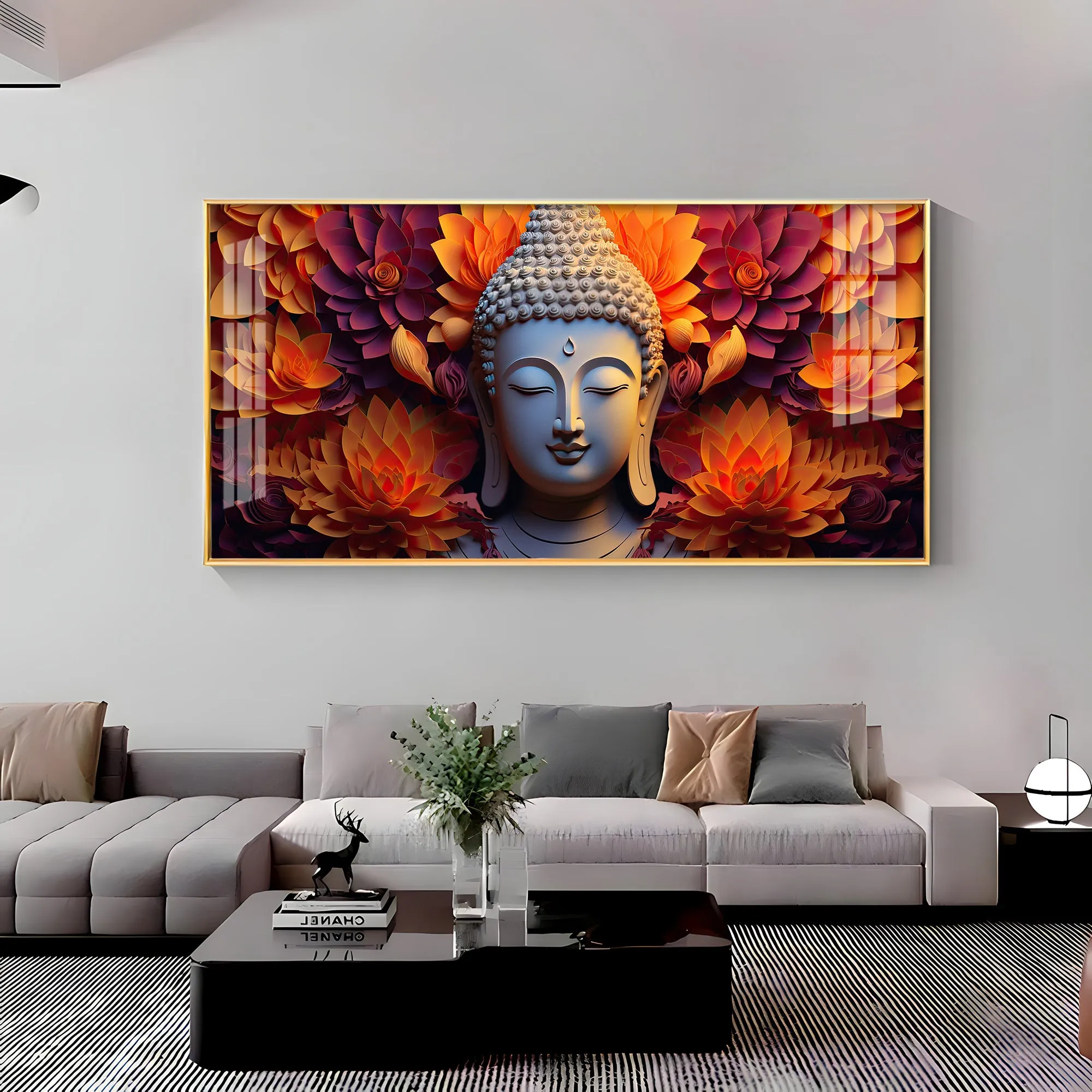 Buddha With Blooming Flower Premium Acrylic Horizontal Wall Art