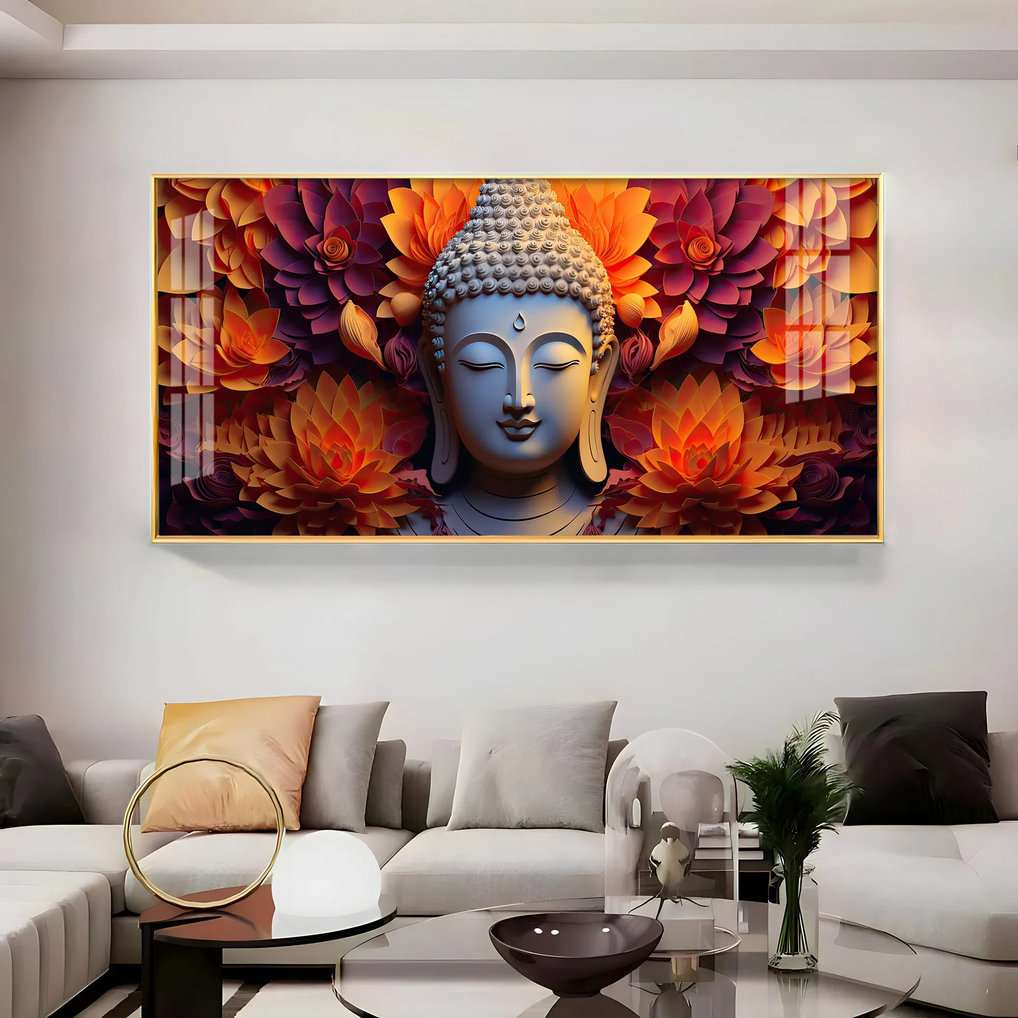 Buddha With Blooming Flower Premium Acrylic Horizontal Wall Art