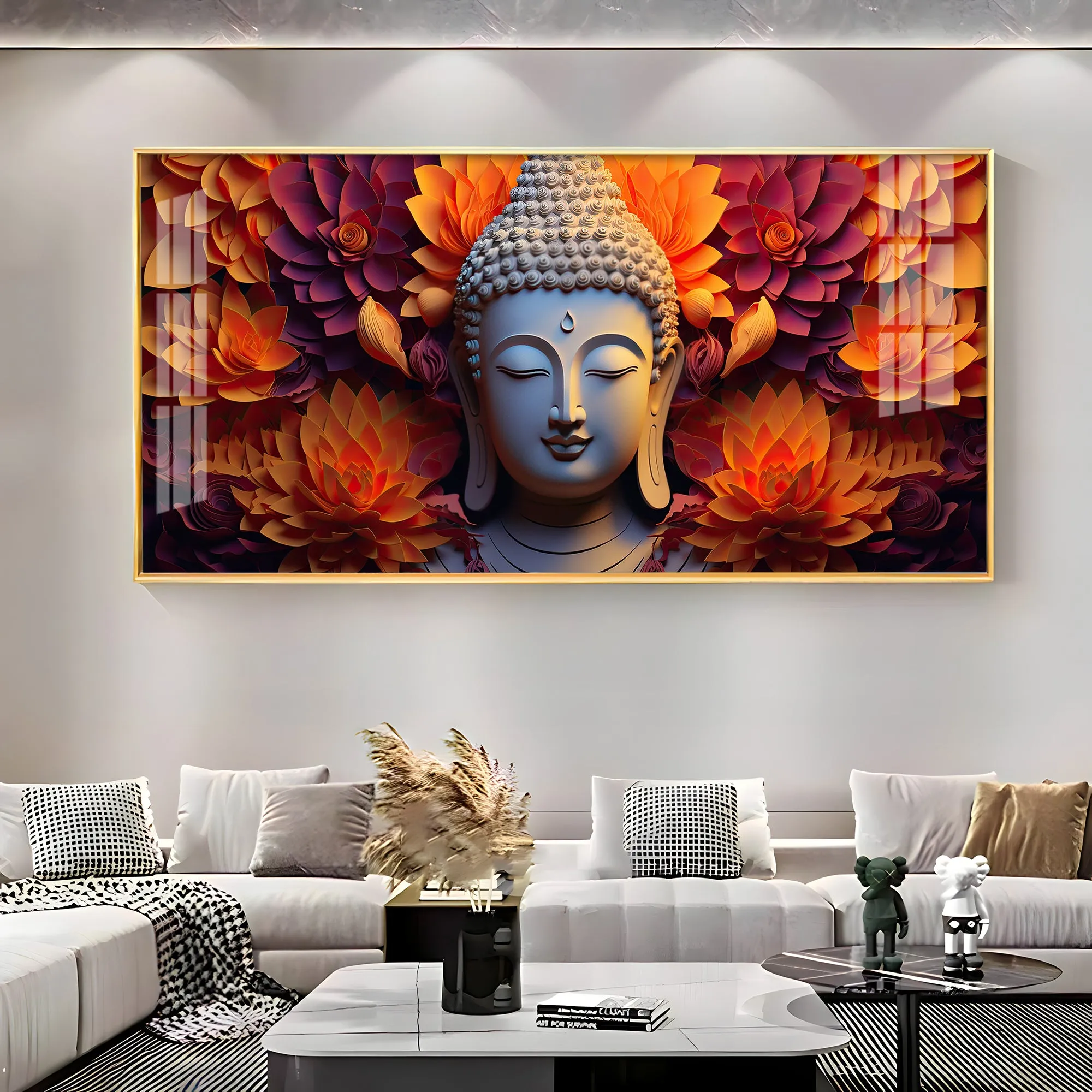 Buddha With Blooming Flower Premium Acrylic Horizontal Wall Art