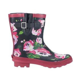 Cotswold Paxford Womens Elasticated Mid Calf Wellington Boots - Black/Flower