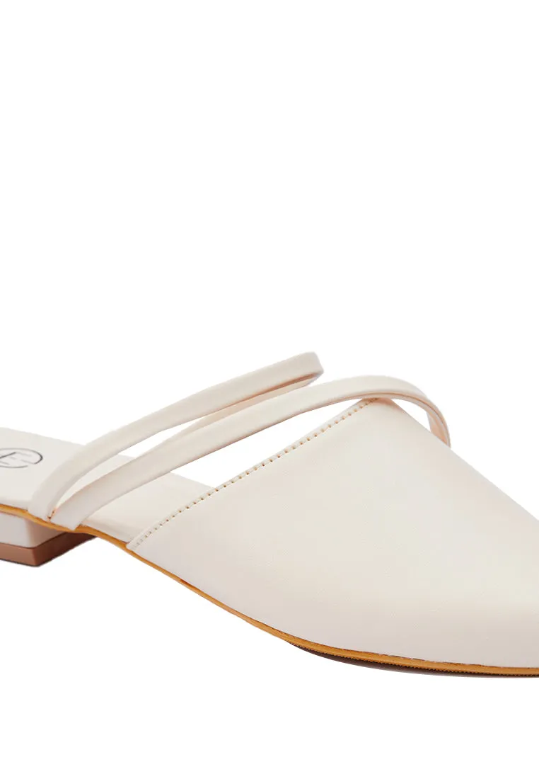 Cream Pointed Strap Flat Mules