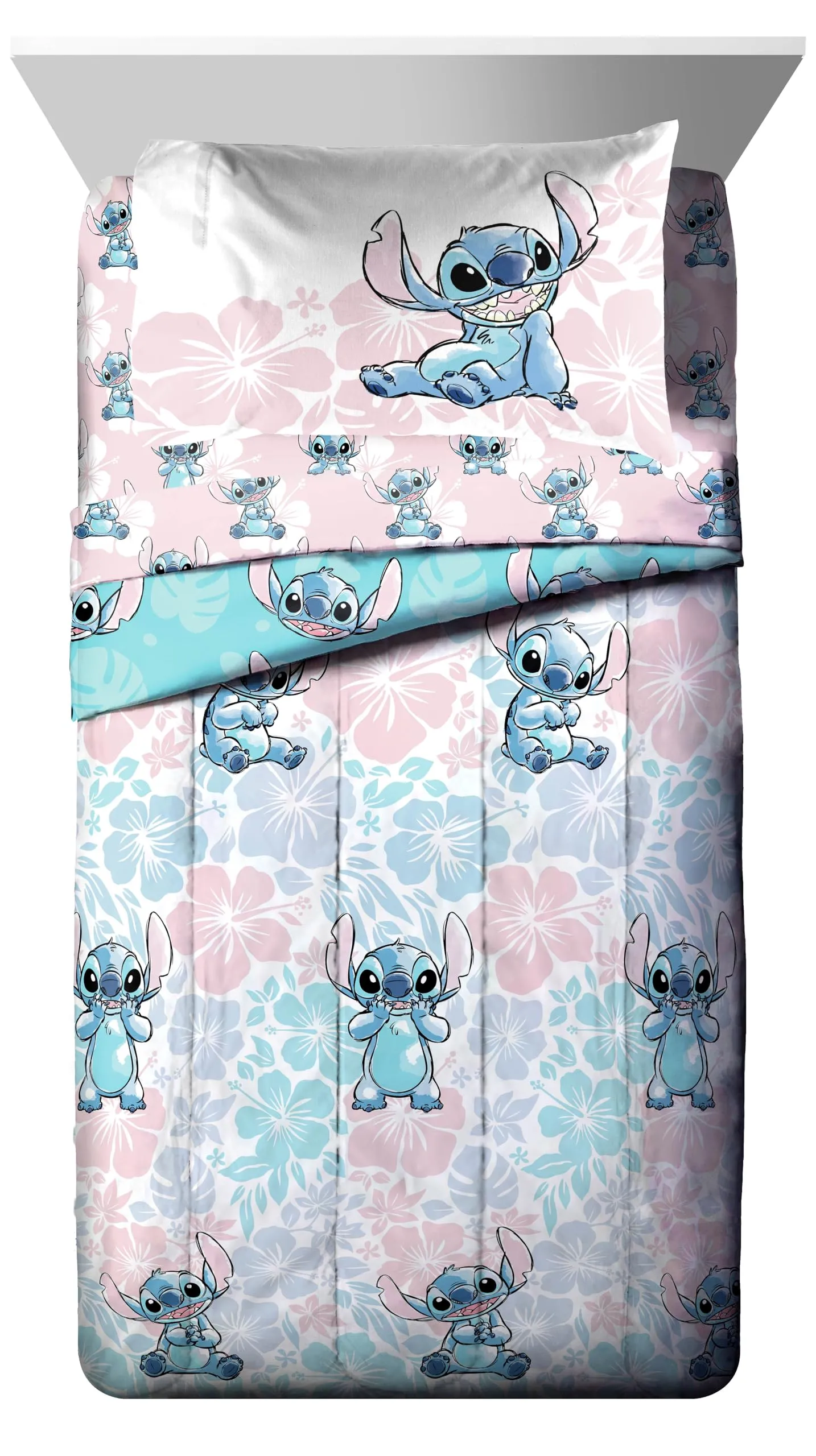 Jay Franco Disney Lilo & Stitch Twin Comforter Set - 5 Piece Bedding Includes Sheet Set & Pillow Covers - Super Soft Kids Floral Bedding