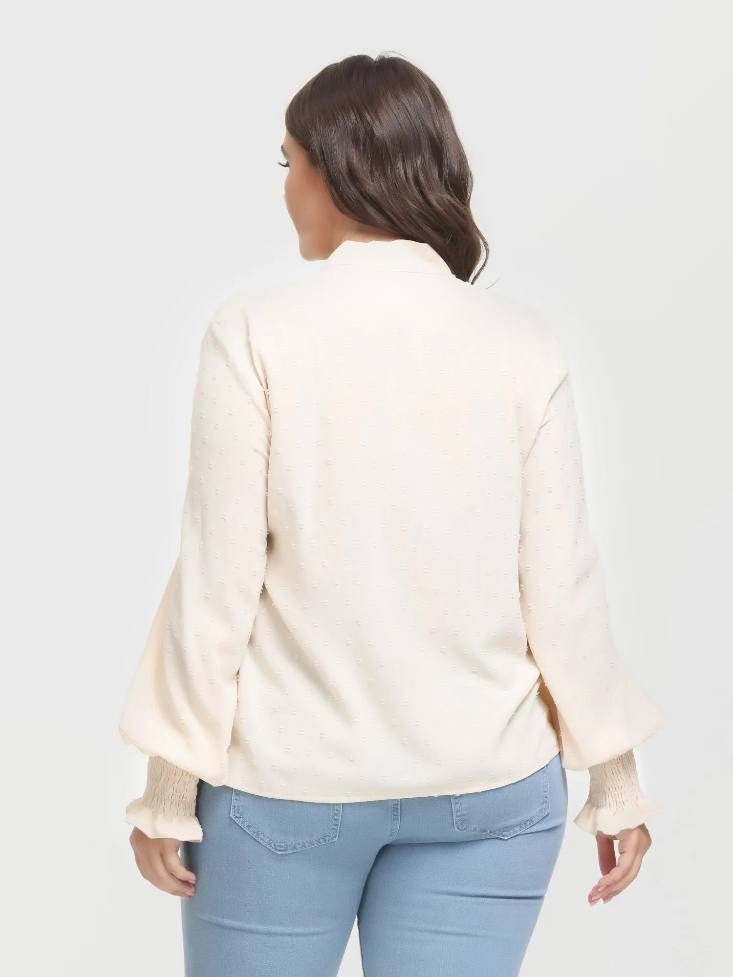 Midsize Shirring Long Sleeve Bow Blouse