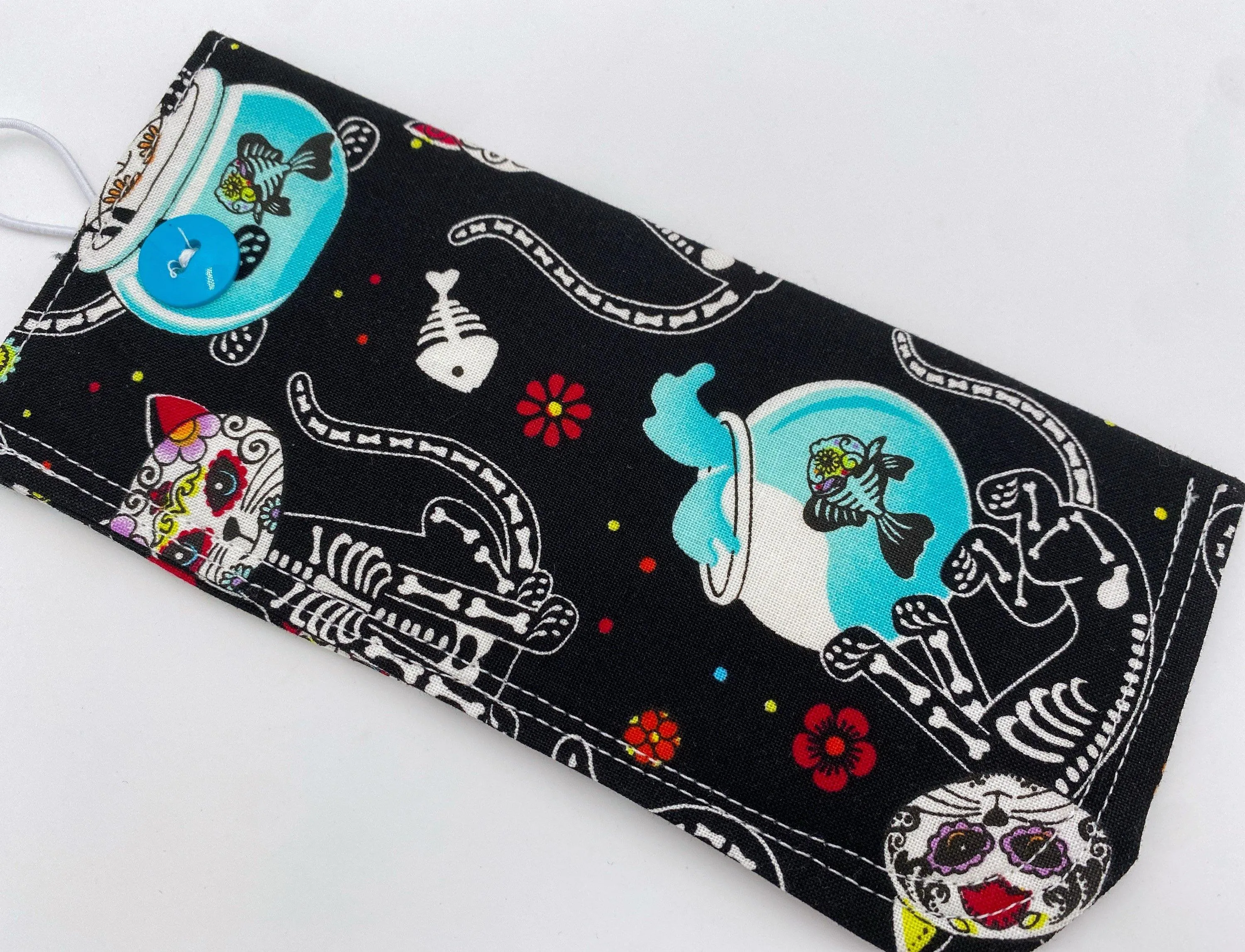 Sugar Skull Eyeglass Case, Day of the Dead Sun Glasses Pouch, Black Cat Glasses Cozy