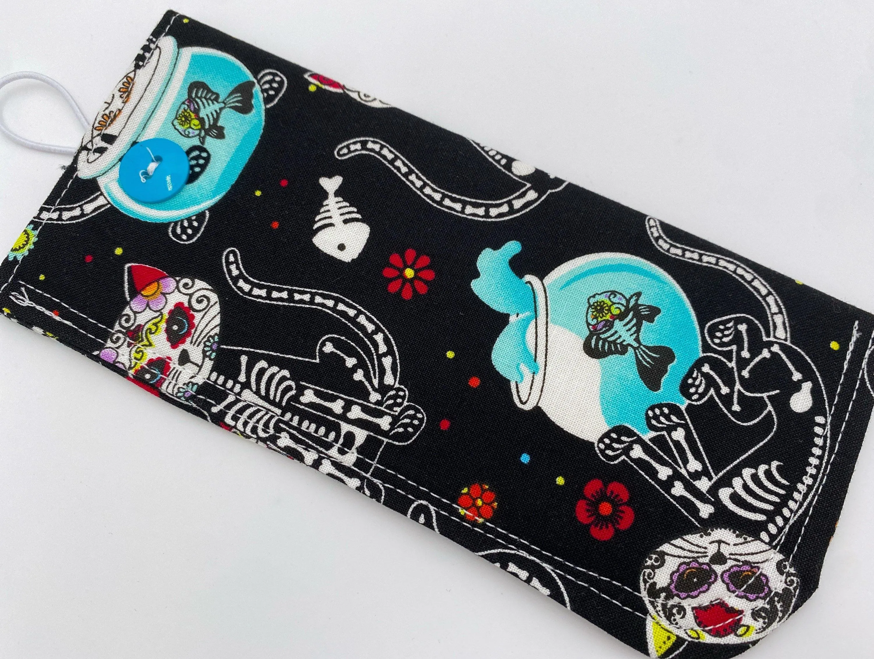 Sugar Skull Eyeglass Case, Day of the Dead Sun Glasses Pouch, Black Cat Glasses Cozy