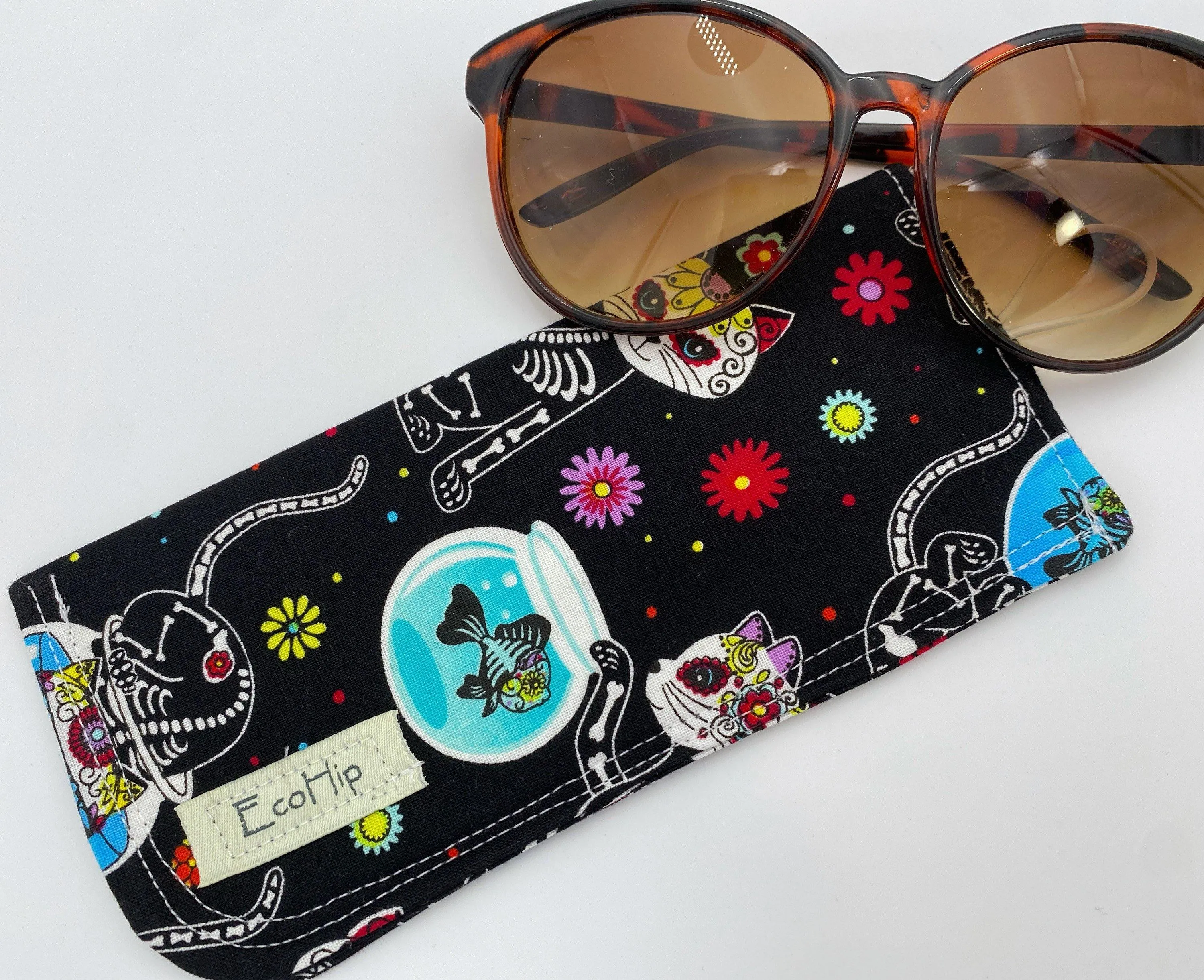 Sugar Skull Eyeglass Case, Day of the Dead Sun Glasses Pouch, Black Cat Glasses Cozy