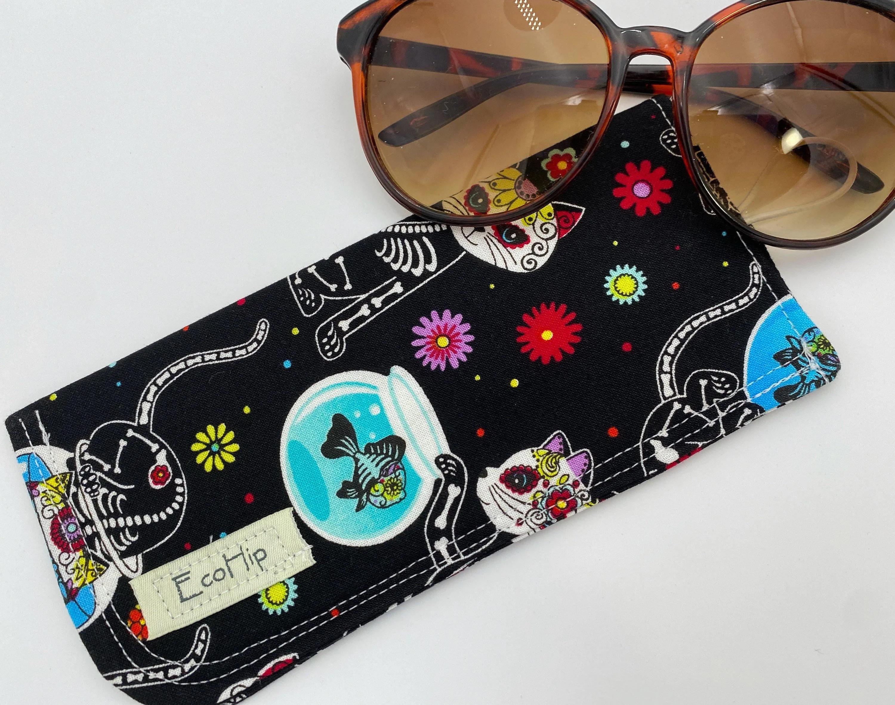 Sugar Skull Eyeglass Case, Day of the Dead Sun Glasses Pouch, Black Cat Glasses Cozy