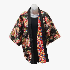 Traditional Japanese reversible Hanten coat - Black floral pattern and colorful crane origami print